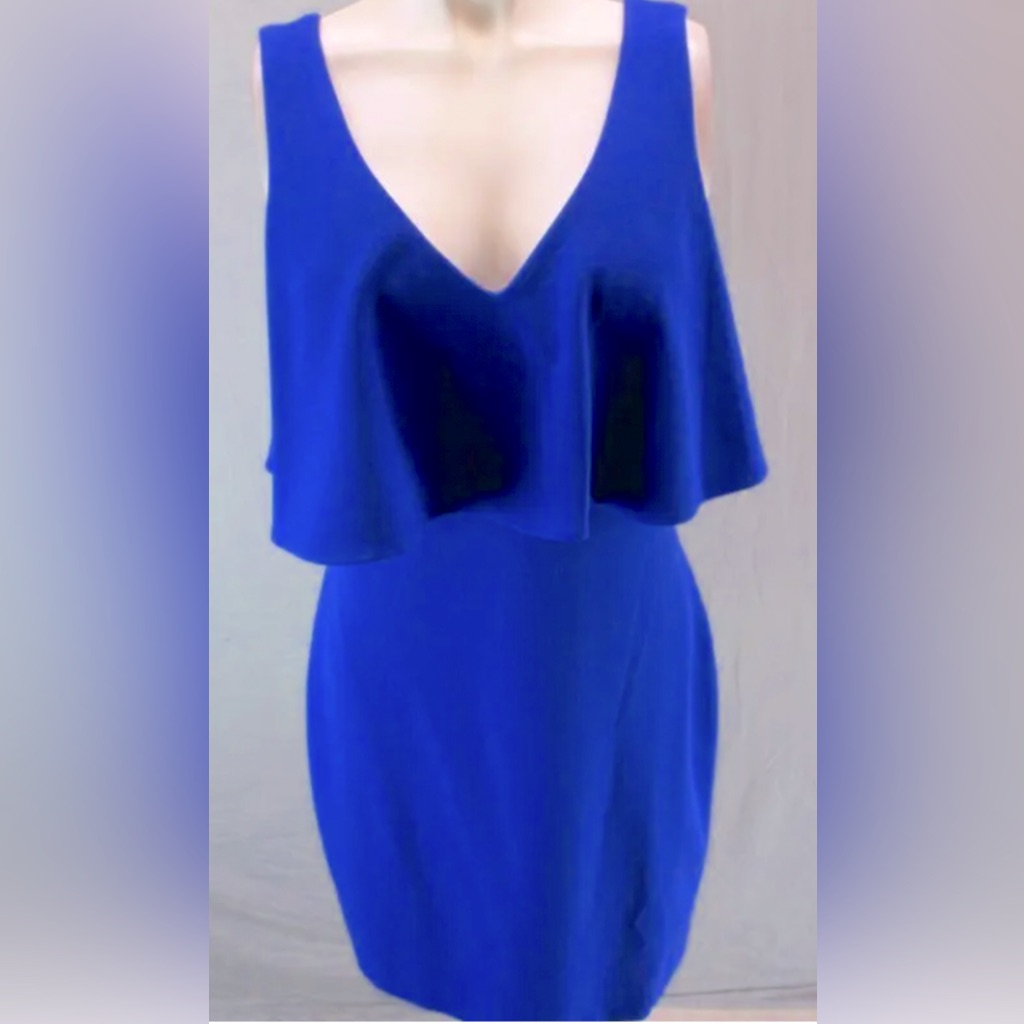 Belle Badgley Mischka Chelsea Mini Cocktail Dress In Colbalt Overlay Cape Bodice
